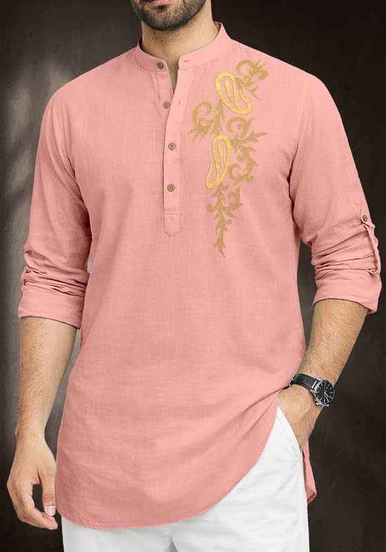 Image of Cotton Blend Self Design Printed Casual Short Kurta for Men Long Sleeve Mandarin Collar Stylish Kurta Shirt for Men