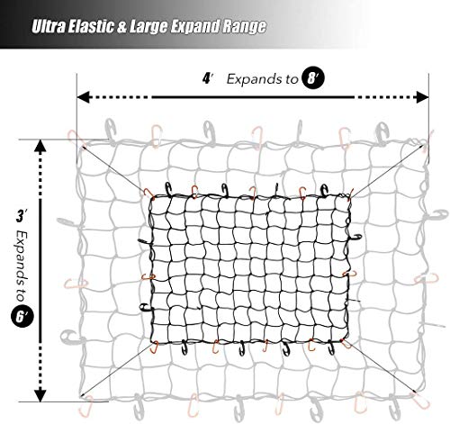 Czc Auto Bungee Cargo Net 3X4Ft Truck Bed Net Stretches To 6X8Ft For Pickup Trailer Rv Suv Boat |3X3Inch Mesh Net Holds Small And Large|12 Tangle Free Carabiners & 12 Plastic Hooks|Super Duty #TOP1