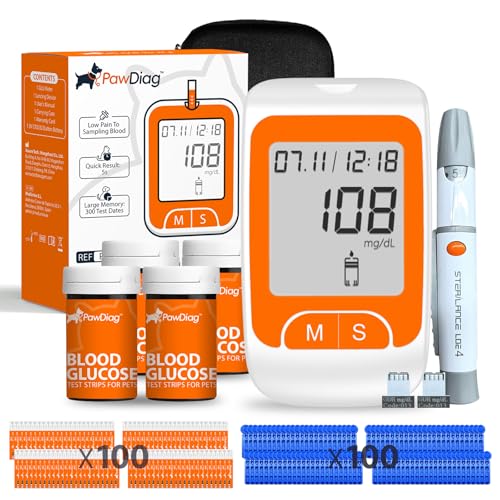 PawDiag Pet Blood Glucose Monitor Kit for Dogs & Cats, 100 Test Strips & Lancets (Double Supply) – Vet-Grade Painless Diabetes Testing Meter, Home Glucometer System with Case