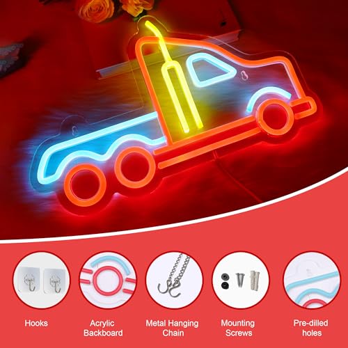 Image of CoolGift Mart Truck Neon Sign, Dimmable LED Vehicle Neon Wall Light USB Powered with 3-Color Lights, for Bedroom Home Man Cave Garage Birthday Gift for Boys Men