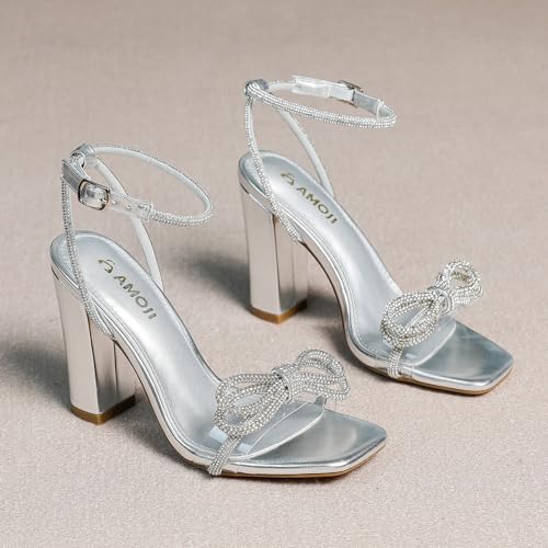 Amoji Women's 4 Inch Rhinestone Bowknots Block Heeled Crystal Sandal Ankle Strap Clear Heels 3154