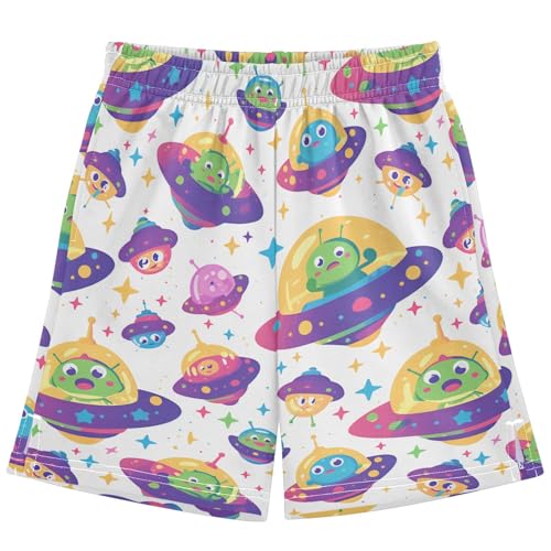 Boys Athletic Shorts with Pockets Space Aliens Running Basketball Shorts for Youth Elastic Waist Size 7-8