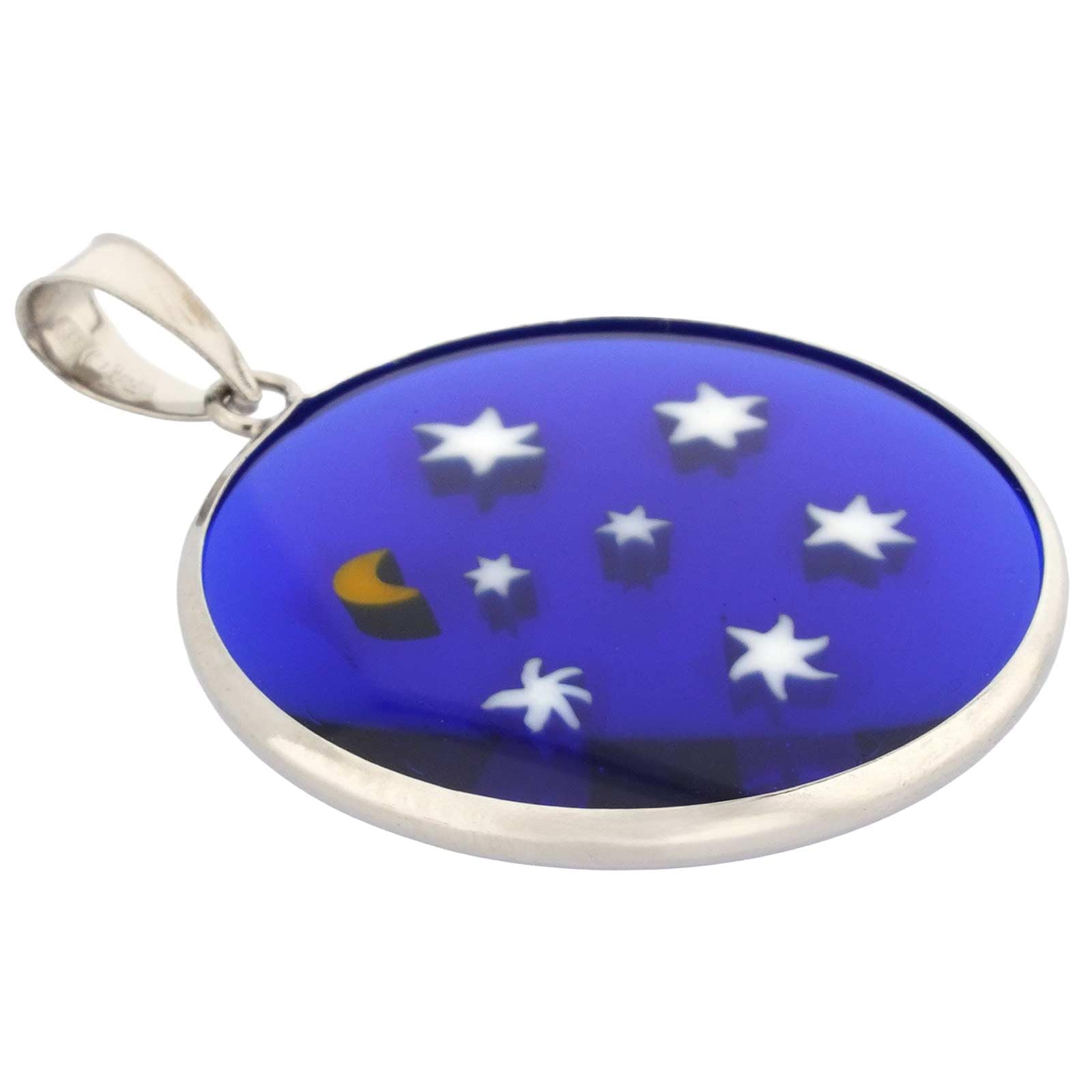 Glass Of Venice Muranoglas Mittelgroßer Millefiori-Anhänger in Silberrahmen 26 mm Sternennacht – Weiße Sterne auf Blau mit Halbmond-Anhänger-Halskette für Frauen – Handgefertigt in Venedig, Italien