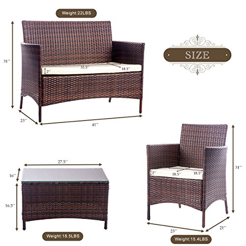 Merax 4 Pcs Patio Rattan Furniture Set Cushioned Outdoor Garden Wicker Rattan Furniture With Beige Cushion Brown No 2 Frenzystyle