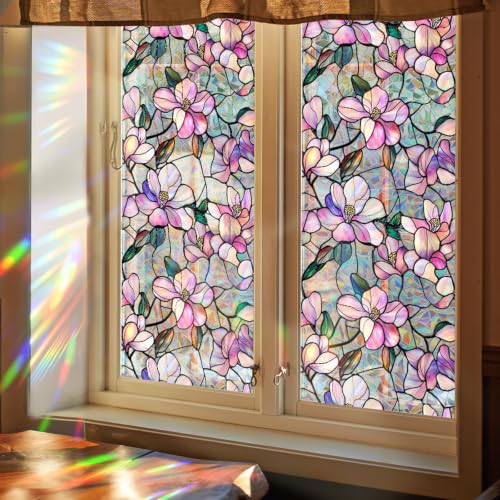 Image of XhuangTech Flower Sunroof Film Floral Rainbow Effect Static Clings Window Privacy Film Sun Protection Stained Glass Decals for Car Moonroof and Home (F876, 16.93 x 39.37 Inch)