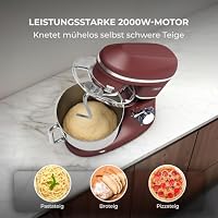 Fentic Küchenmaschine - 2000W - Edelstahl Rührschüssel (6,2 L) - Küchenmixer mit Rührhaken, Knethaken, Schlagbesen und Spritzschutz - Inkl. zusätzlichem Zubehör (Rot) – Ansicht 7