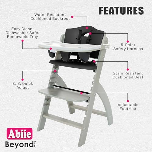 Image of Abiie Beyond Junior Wooden High Chair for Babies and Toddlers - Convertible 3-in-1 Baby Highchair with Removable Tray - 6 Months to 250 Lb - Water Resistant - Misty Grey Wood with Black Pearl Cushion