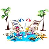 Incluye: cocotero, sombrilla, tumbona, sirena, estrella de mar, anillo de natación, delfín, tabla de surf, bote, arena azul, etc.