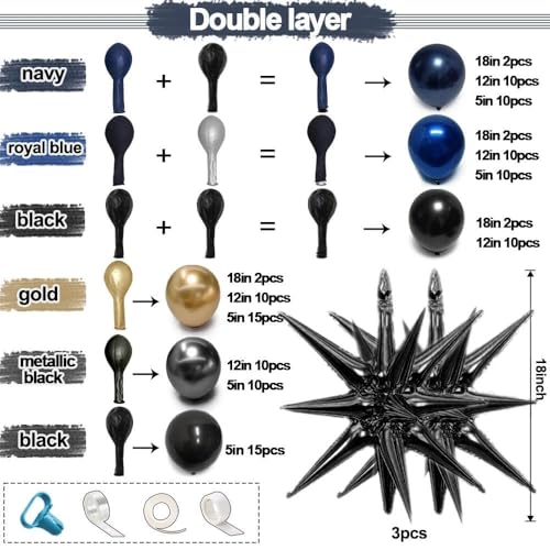 Image of Navy Blue Black Gold Balloon Arch Kit - Double Stuffed Dark Royal Blue Matte Black Balloon Garland with Metallic Gold for 2026 Graduation Men's Birthday Anniversary Wedding Prom Decoration