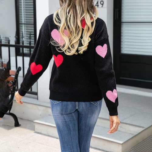 Image of Women's Cute Heart Sweater Love Print Valentine Romantic Knitted Top Casual Crewneck Long Sleeve Sweaters Pullover