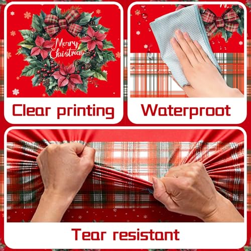 Plastic Christmas Tablecloth 54x108 Inch 3-Piece Set,Disposable Festive Red Poinsettia Pattern Holiday Dining Table Cloth for Christmas Party & Baby Shower Decorations – Image 4