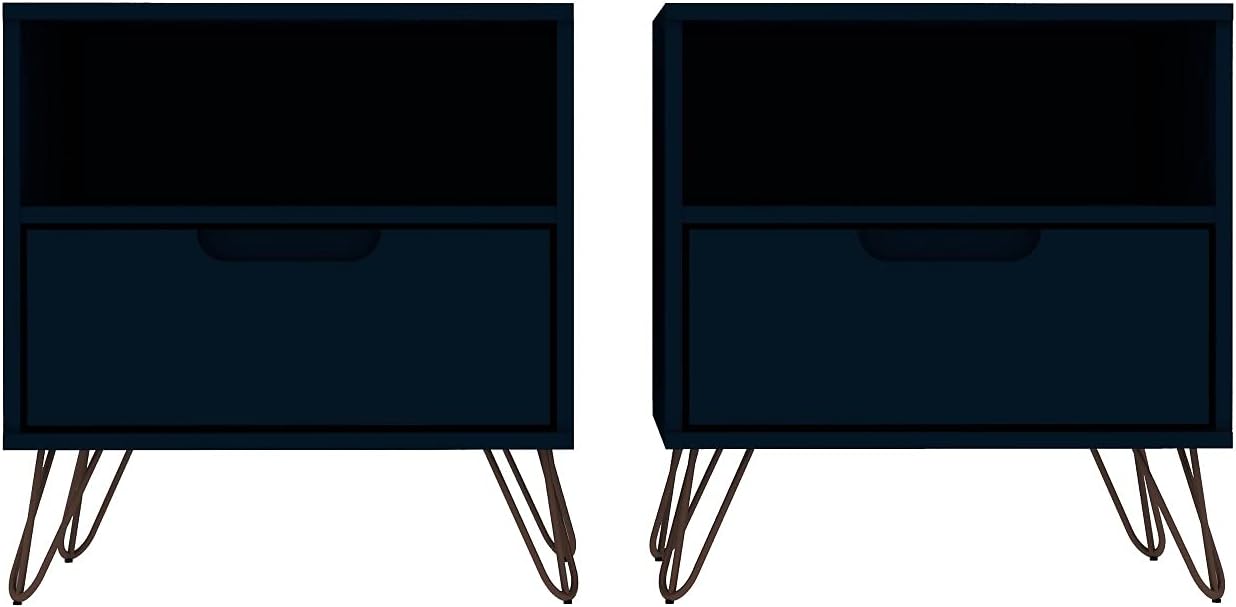 Manhattan Comfort Rockefeller Nightstands Set of 2 with Drawer and Cubby, Ideal for Bedroom and Living Room, Bedside Table with Mid Century Modern Design, Functional Storage Organizer, Blue