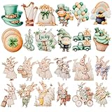 48Pcs St. Patrick's Day & Easter Wooden Hanging Ornaments with Linen Rope, Lucky Shamrock & Easter Bunny Double Festival Decorations for Tree, Tiered Tray, Home, Classroom, Party Favors