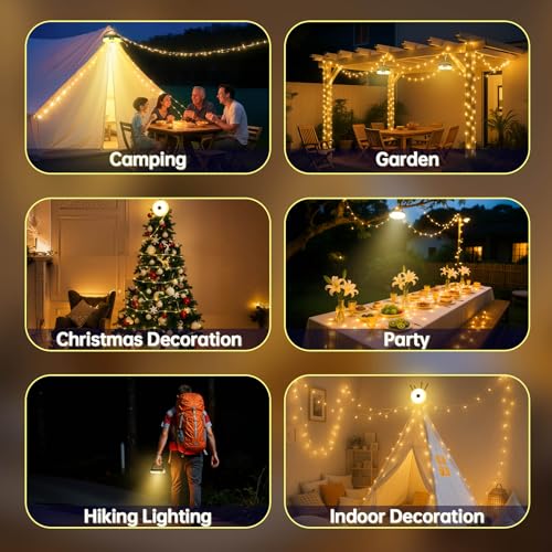Catena di Luci per Campeggio, 10M Campeggio Arrotolabile con 8 Modalità, Luminosità Regolabile, Timer, 2600mAh Batteria, IP44 Impermeabile, USB Ricaricabile, Luci da Campeggio per Cortile Tenda - Illuminazione - Immagine 4