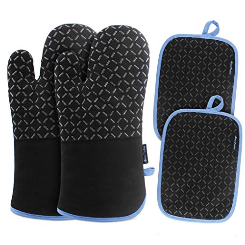 AivaToba Ovenhandschoenen hittebestendig met 2 pannenhouders, antislip zwarte katoenen voering keukenhandschoenen ovenwanten met ophanglus voor grillen/koken/bakken/barbecue.