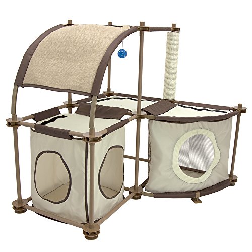 Kitty City 2 Hideaway Sections and Rounded Top with Toy Cat Condo Duplex, Tan