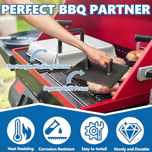 SafBbcue 14" Stainless Steel Rectangle Cheese Melting Domer Basting Cover & Cast Iron Rectangle Griddle Smash Burger Grill Weight Press for Blackstone, Pitboss, Camp Chef Flat Top Grills Accessories by SafBbcue - Image 4