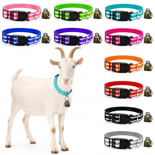 GINDOOR 10 Pack Reflective Goat Collar with Crisp Bells Adjustable Nylon Sheep Collar with Anti-Lost Grazing Copper Bell Quick-Release Buckle for Farm Livestock Goat Sheep Cow