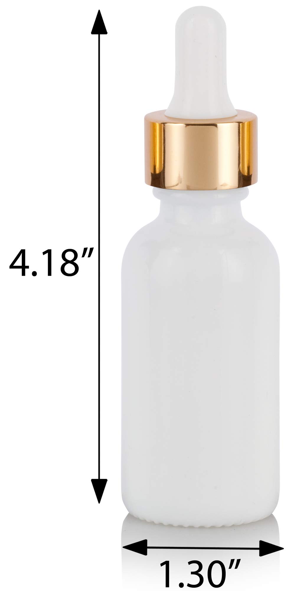 Botella redonda Boston de cristal blanco ópalo de 1 oz con metal dorado y cuentagotas de cristal (paquete de 12) + embudo