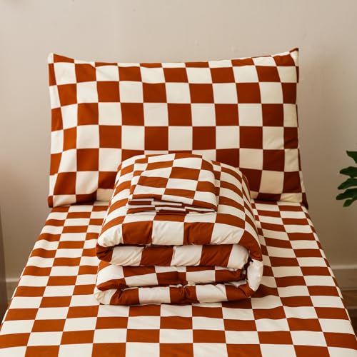 Image of Wellboo Pumpkin White Plaid Toddler Bedding Sets for Girls Boys Caramel and White Checkerboard Grid 4 Pieces Soft Crib Bed Set Including Comforter, Sheets and Pillowcase Kids Checkered Geometric Quilt