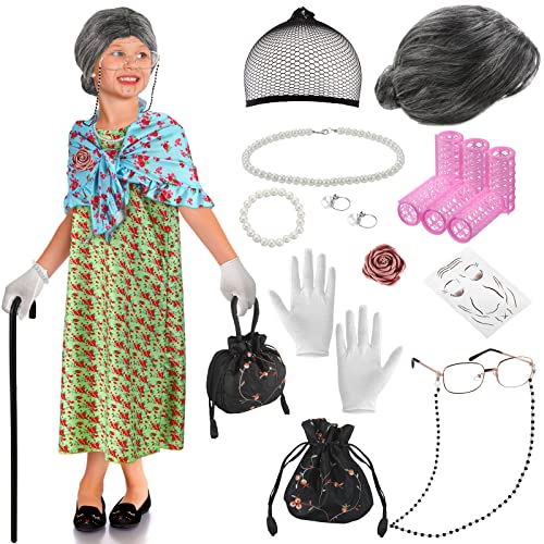 Yingzhao 20 Pcs 100th Day of School Old Lady Costume for Kids Girls Granny Wig Grandma Dress Glasses Cane Necklace(Rustic, S)