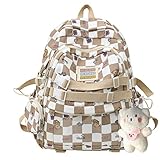 Lokkcy Backpacks for Girls 10-12 Kawaii Elementary High School Backpack for Teen Girls 8-12 Aesthetic Janpanese Bookbags with Cute Pendant(Khaki)