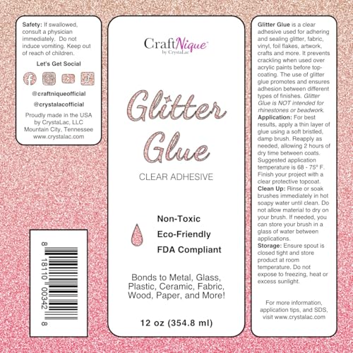 CrystaLac Glitter Glue Adhesive Permanent Bonding Non Toxic Water-Based for Adhering & Sealing Crafts, Non-Yellowing with No VOCs, Bonds to Metal Glass Plastic Ceramic Fabric & More, 12-Fl.Oz., Clear - Thumbnail 2
