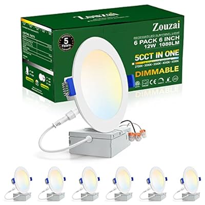 zouzai 6 Pack 6 Inch 5CCT Ultra-Thin LED Recessed Ceiling Light with Junction Box, 2700K/3000K/3500K/4000K/5000K Selectable, 12W Eqv 110W,Dimmable, led can Lights- ETL and Energy Star Certified