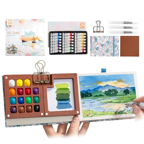 Mini caja de pintura de acuarela: kit de viaje portátil con clips de madera, 8 cuadrículas, paletas de papel de acuarela para pintores, estudiantes, artistas