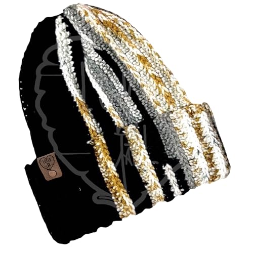 Handmade Crochet Beanie with Textured Stripes | Black Winter Hat with Gold, White & Gray Accents | Soft Acrylic Yarn Knit Cap for Women, Men & Teens | Warm Stretch Fit Cold-Weather Beanie