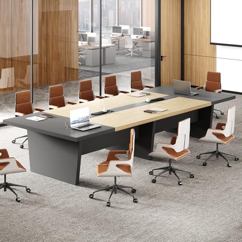 Nuipesn 118 Inch Rectangular Conference Table, 10FT Meeting Table for 10-12, Built-in Power Outlets & USB Charging Ports, Dual Cable Grommets, 2 Inch Thick Top, Heavy-Duty Base, Oak/Grey