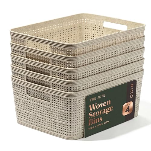 BINO | Woven Plastic Basket | Small (Natural), 5-Pack | THE JUTE COLLECTION | Home Organization, Space - Saving Storage, Stylish Design | Jute Basket | Plastic Storage Basket