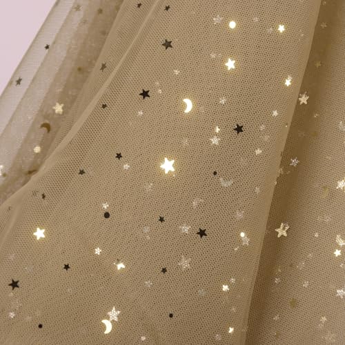 SHAYUAN 54' x 8 Yards Glitter Tulle Fabric Rolls Golden Stars and Moon Tulle Rolls for DIY Tutu Dress Table Runner Skirt Crafts Sheer Wedding Backdrop Stage Decoration-Gold
