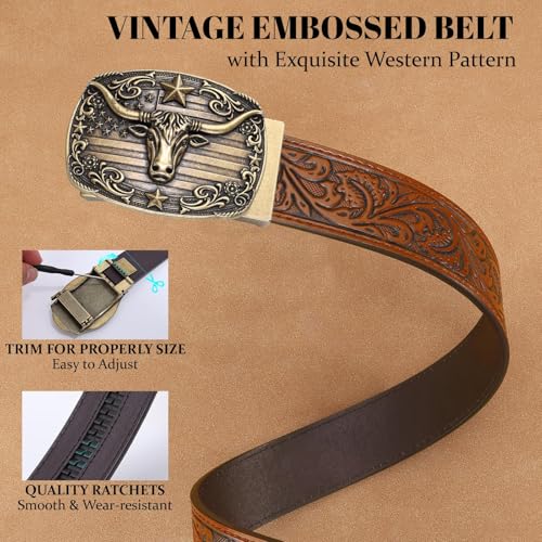 Western Cowboy Ratchet Belts for Men Women Leather Cowboy Western Belt | 1.5" Ratchet Embossed Belt with Western Buckle Brown Black Cowboy Belt for Jeans Gifts Rodeo Texas Halloween Country Party - Image 6