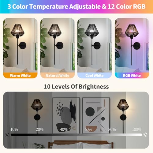 Image of Battery Operated Wall Sconces Set of 2,Rattan Rechargeable Wall Light Dimmable with Remote Control,15 Color Changing and Timer,Boho Wireless Black Wall Lamps for Bedroom,Living Room