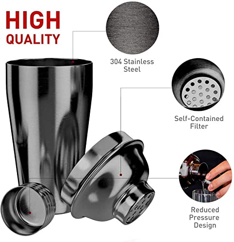 Image of Cocktail Shaker - Bar box 6 Piece Bartender Kit - Stainless Steel Cocktail Shaker Set, Premium Bar Tools : Martini Shaker, Muddler, Jigger, Mixing Spoon, Strainers, Ice Tong ,Mettalic Black