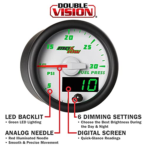 Maxtow Double Vision 30 Psi Fuel Pressure Gauge Kit - Includes Electronic Sensor - White Gauge Face - Green Led Illuminated Dial - Analog & Digital Readouts - For Diesel Trucks - 2-1/16" 52Mm #TOP2