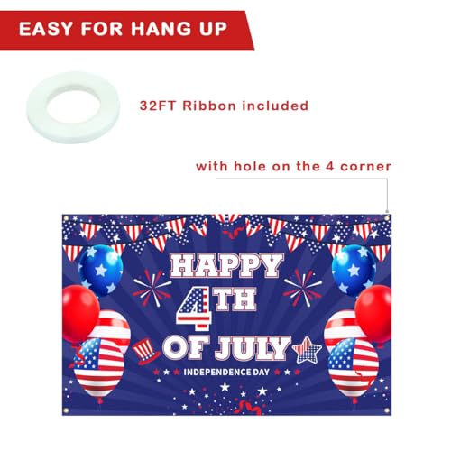 Image of Happy 4TH of July Backdrop, Independence Day Party Banner, Fourth of July Memorial Day Decoration, Veterans Day Party Decor, with 32FT Rope, Red Blue White Props for Photos 5.9x3.6ft Large Flag