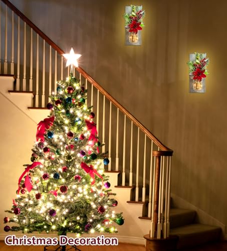 Image of Mason Jars Sconce Decor Rustic Wall Sconces Handmade Wall Art Hanging Design with Remote Control LED Fairy Lights and Red Berry, Xmas Farmhouse Wall Home Decor Living Room Lights Set of Two