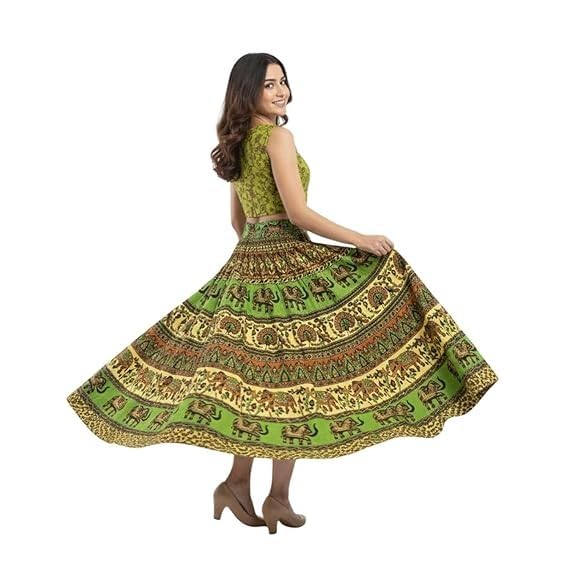 Image of HARSHITA-Enterprises Jaipuri Women's Cotton Printed Elastic Long Skirts