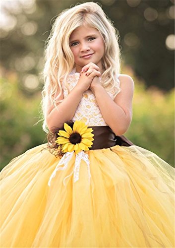 AnnaLin Yellow Tulle with Sunflower Belt Flower Girl Dress for Wedding Party Kids Prom Dress3