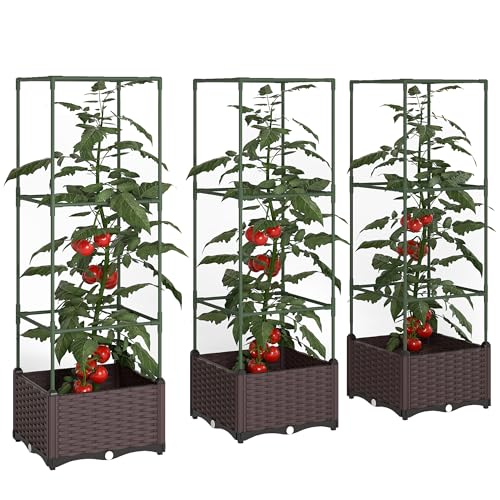 Outsunny Hochbeet mit Rankgitter 3er Set Pflanzkasten Blumenkasten mit Abflusslöchern Blumenbeet Pflanzkübel Blumenkübel Rankkasten für Kletterpflanzen Garten, Balkon, 40 x 40 x 125 cm