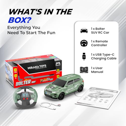 Image of Mirana Bolter SUV Remote Control RC Car for Kids | 1:24 Scale Racing Toy | with 1.5X Turbo Boost, LED Lights & Anti Skid Tyres | USB Type-C Rechargeable | Gift for Boys & Girls 4+ Years, Green