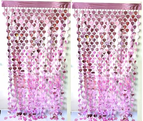 CYBERNOVA 2 Pack cortina de franjas de fundo, 100 x 200 m em forma de coração metálico oropel franjas serpentinas cortinas de fundo para aniversário de graduação festa decoração (rosa)