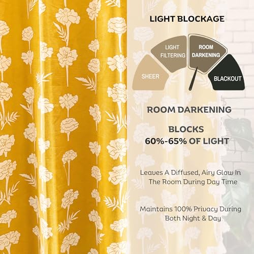Image of Tranquebar Curtain Co. Window Curtains 5 Feet, Cotton Curtains, 60-65% Room Darkening, Yellow Marigold Floral Print, Yellow Curtains, BackTabs, UTSA (152 cm) - 1 Piece
