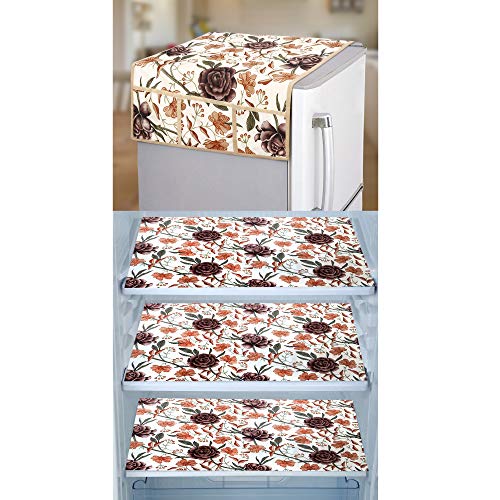 Image of Combo Set of 1 Pc Fridge Top Cover With 6 Utility Pockets and 3 Pc Fridge Mats (Brown, Set of 4)