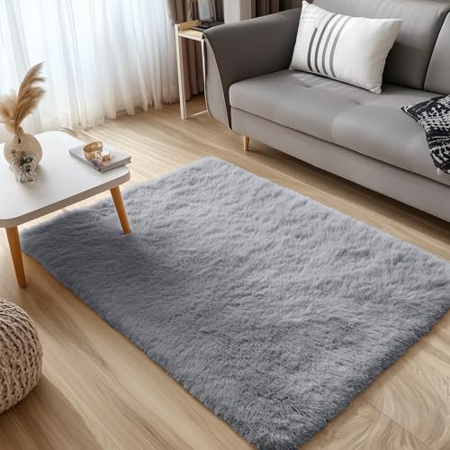 OLANLY 3x5 Machine Washable Small Bedside Rug, Soft Fluffy Shaggy Rugs for Living Room, Bedroom, Indoor Floor Carpet for Kids Girls and Boys, Preppy Dorms, Nursery, Home Decor Aesthetic, Light Grey