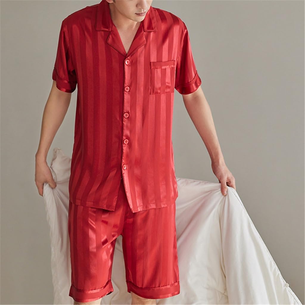 Pajamas for Men Thin Section Ice Silk Short Sleeve Shorts Red Simulation Home Wear