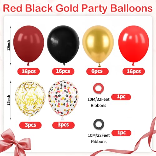 Image of Red Black Gold Balloons, 60PCS Dark Red Black Party Balloons, 12 Inch Metallic Gold Confetti Latex Balloon Helium for Graduation New Year Casino Theme Movies Night Festival Birthday Party Decorations
