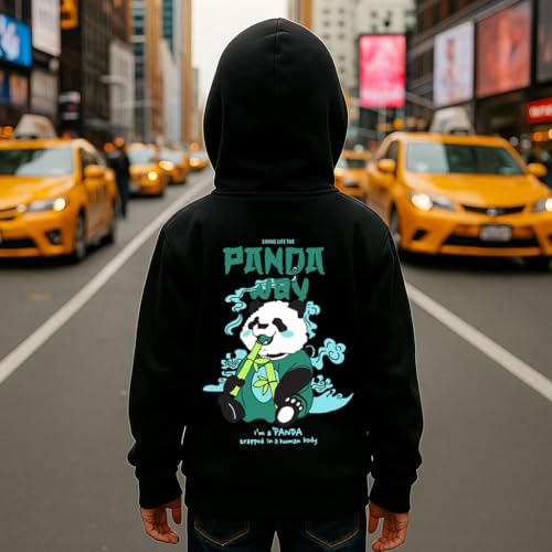 Image of Khakey Kids Boys Black Graphic Printed Hooded Sweatshirt|Trending Hoodie for Boys|Black Color|Panda Print|Winter Wear Print